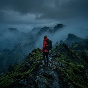Puede incluir: Una persona con chaqueta roja, pantalones oscuros y gorro marr&oacute;n, cargando una mochila negra grande mientras est&aacute; de pie sobre una cresta monta&ntilde;osa rocosa y cubierta de musgo bajo un cielo oscuro y nublado con niebla entre los picos.
