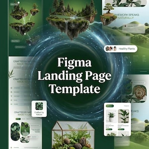 Op de afbeelding: Een digitale Figma landingspagina-sjabloon genaamd Bloom'x met een donkergroen thema, zwevende eilanden, weelderige bosbeelden en een centrale werveling. De lay-out bevat productkaarten, plantenfotografie en tekstelementen.