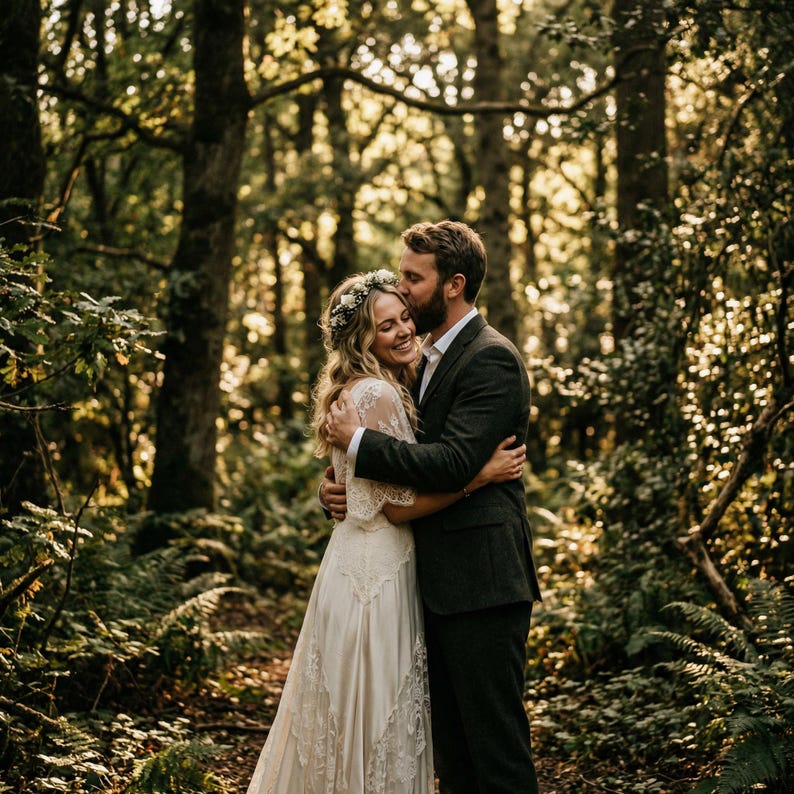 Puede incluir: Un vestido de novia de encaje blanco con mangas cortas y falda fluida, combinado con una chaqueta de traje y pantalones de color gris oscuro. El vestido presenta detalles de encaje en el corpi&ntilde;o y las mangas, mientras que el traje es liso.