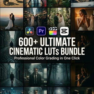 May include: A digital product bundle titled 600+ ULTIMATE CINEMATIC LUTs BUNDLE Professional Color Grading in One Click, featuring a collage of cinematic scenes including motorcycles, weddings, cityscapes, and forests with software icons.