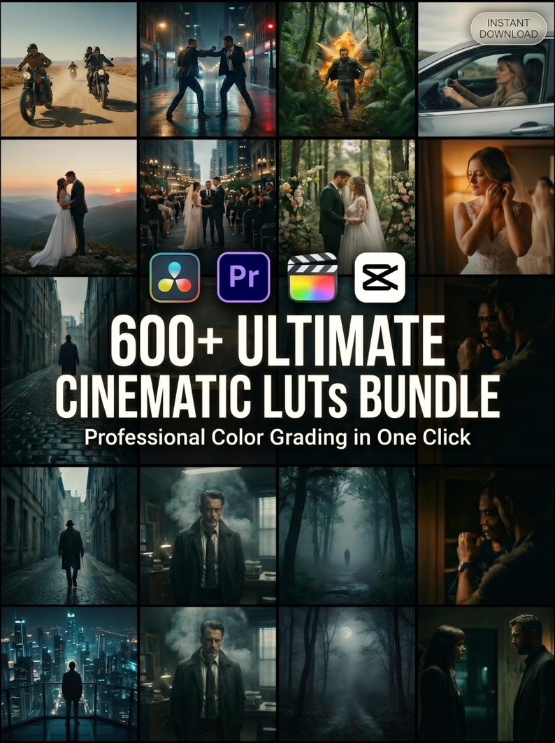 Puede incluir: Un paquete de productos digitales titulado 600+ ULTIMATE CINEMATIC LUTs BUNDLE Professional Color Grading in One Click, que presenta un collage de escenas cinematogr&aacute;ficas que incluyen motocicletas, bodas, paisajes urbanos y bosques con iconos.