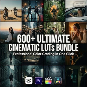 Puede incluir: Un paquete de productos digitales titulado 600+ ULTIMATE CINEMATIC LUTs BUNDLE Professional Color Grading in One Click, que presenta un collage de varias escenas cinematogr&aacute;ficas que incluyen motocicletas, calles, bosques, bodas y retratos.