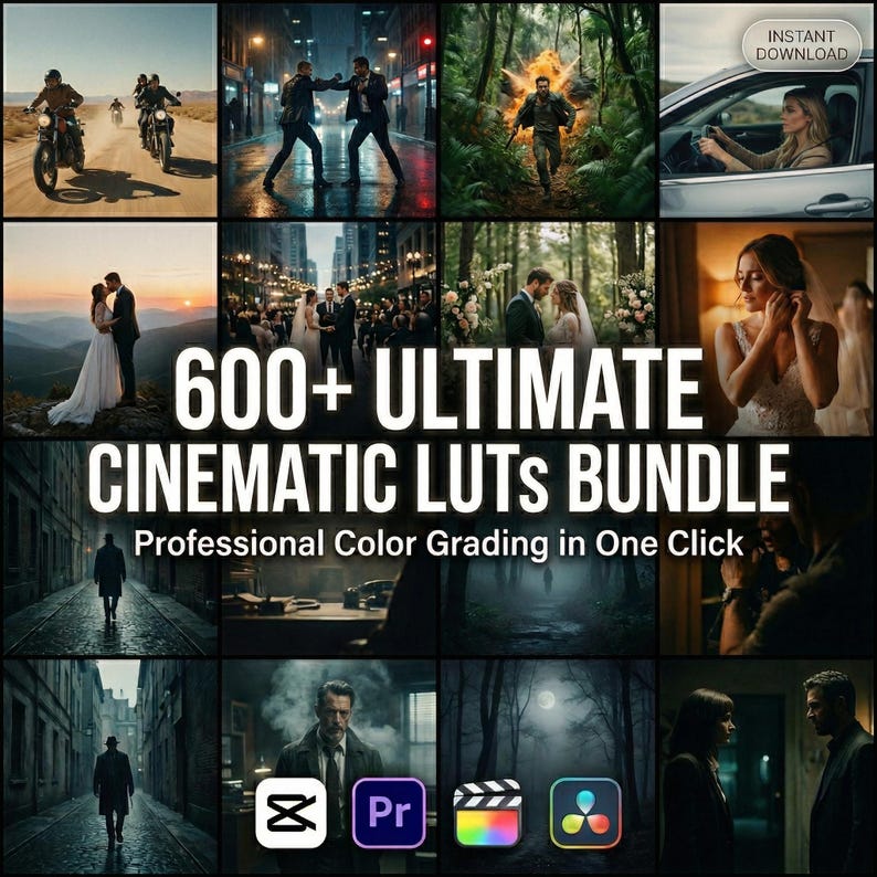 Puede incluir: Un paquete de productos digitales titulado 600+ ULTIMATE CINEMATIC LUTs BUNDLE Professional Color Grading in One Click, que presenta un collage de varias escenas cinematogr&aacute;ficas que incluyen motocicletas, calles, bosques, bodas y retratos.