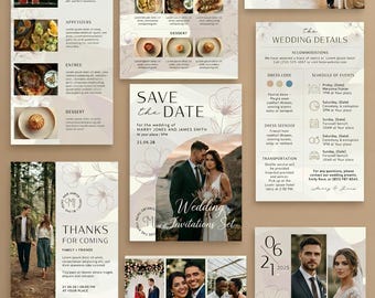Elegante conjunto de plantillas para invitaciones de boda y papelería minimalista (descarga digital).