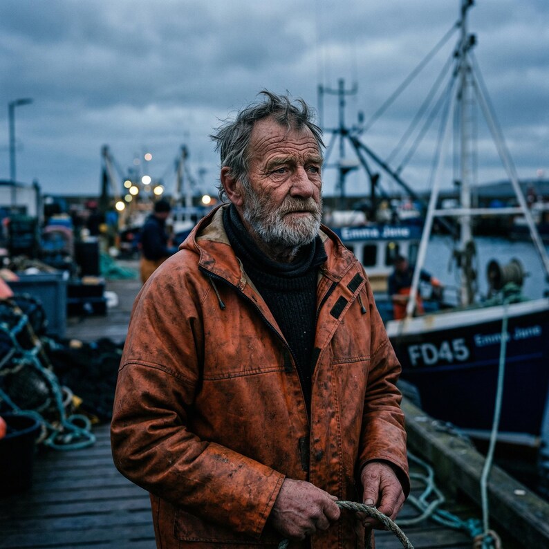 Puede incluir: Una persona con barba gris viste una chaqueta impermeable naranja con capucha, desgastada, sobre un su&eacute;ter oscuro. La persona est&aacute; de pie en un muelle de madera con barcos pesqueros al fondo, uno marcado como Emma Jane FD45, bajo un cielo nublado.