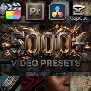 May include: A digital graphic titled MEGA PREMIUM BUNDLE featuring icons for Final Cut Pro, Premiere Pro, DaVinci Resolve, and CapCut. The text 5000+ VIDEO PRESETS is displayed in metallic gold and black with glowing light effects.