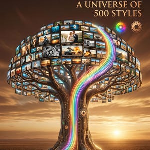 Puede incluir: Una ilustraci&oacute;n digital de un &aacute;rbol con un tronco hecho de circuitos y ra&iacute;ces formadas por tiras de pel&iacute;cula. La copa consiste en numerosos marcos de fotos rectangulares. Una luz de arco&iacute;ris vibrante sube por el tronco. Texto: ATLAS MEGA BUNDLE: A UNIVERSE OF 500 STYLES.