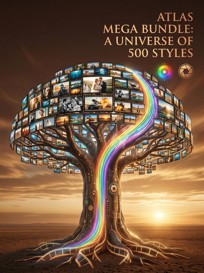 Puede incluir: Una ilustraci&oacute;n digital de un &aacute;rbol con un tronco hecho de circuitos y ra&iacute;ces formadas por tiras de pel&iacute;cula. La copa consiste en numerosos marcos de fotos rectangulares. Una luz de arco&iacute;ris vibrante sube por el tronco. Texto: ATLAS MEGA BUNDLE: A UNIVERSE OF 500 STYLES.