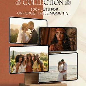 Puede incluir: Una pantalla de producto digital con el texto ROMANCE & SKIN TONE COLLECTION 100+ LUTS FOR UNFORGETTABLE MOMENTS. Cuatro pantallas rectangulares muestran fotograf&iacute;as de bodas y retratos. Iconos de software de edici&oacute;n en la parte inferior.