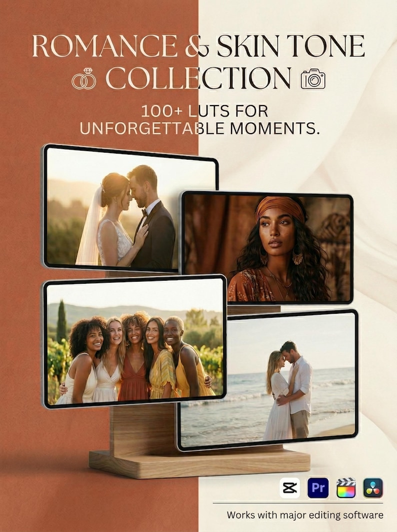 Puede incluir: Una pantalla de producto digital con el texto ROMANCE & SKIN TONE COLLECTION 100+ LUTS FOR UNFORGETTABLE MOMENTS. Cuatro pantallas rectangulares muestran fotograf&iacute;as de bodas y retratos. Iconos de software de edici&oacute;n en la parte inferior.