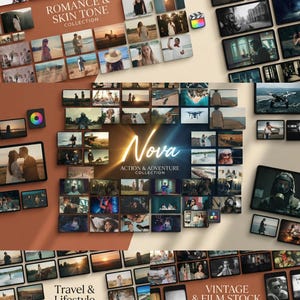 Puede incluir: Una colecci&oacute;n digital de ajustes preestablecidos de fotos con cuatro categor&iacute;as distintas: Romance & Skin Tone, Nova Action & Adventure, Travel & Lifestyle y Vintage & Film Stock. Cada secci&oacute;n muestra una cuadr&iacute;cula de im&aacute;genes fotogr&aacute;ficas.