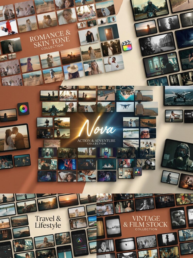 Puede incluir: Una colecci&oacute;n digital de ajustes preestablecidos de fotos con cuatro categor&iacute;as distintas: Romance & Skin Tone, Nova Action & Adventure, Travel & Lifestyle y Vintage & Film Stock. Cada secci&oacute;n muestra una cuadr&iacute;cula de im&aacute;genes fotogr&aacute;ficas.