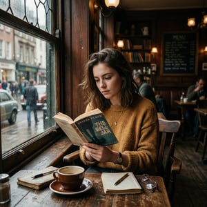 Puede incluir: Una persona con un su&eacute;ter amarillo mostaza lee un ejemplar de The Bell Jar de Sylvia Plath. Sobre la mesa de madera hay una taza de caf&eacute; de cer&aacute;mica marr&oacute;n sobre un plato, un cuaderno con un bol&iacute;grafo, unas gafas y un libro cerrado con un bol&iacute;grafo.