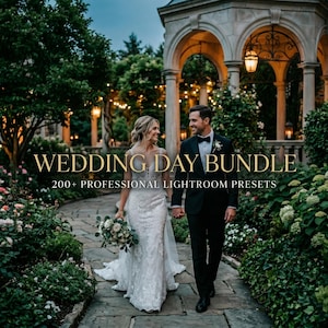 May include: A couple walks hand-in-hand on a stone path, surrounded by lush greenery and a stone gazebo. The bride wears a white lace wedding dress and carries a bouquet. The groom is in a black tuxedo. Text reads "WEDDING DAY BUNDLE" and "200+ PROFESSIONAL LIGHTROOM PRESETS."