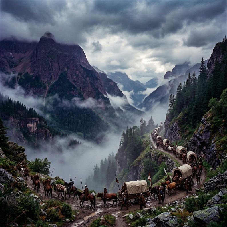 Puede incluir: Una larga caravana de carretas cubiertas tiradas por bueyes y acompa&ntilde;adas por jinetes a caballo viaja por un sendero estrecho y sinuoso a trav&eacute;s de un profundo valle monta&ntilde;oso lleno de bosques de pinos y nubes grises y espesas.