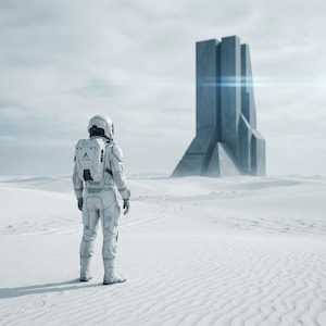 Puede incluir: Un traje de astronauta blanco con mochila se encuentra en un vasto paisaje de dunas de arena blanca. A lo lejos, una gran estructura monol&iacute;tica gris y angular se alza contra un cielo nublado. El traje lleva el logo con el texto AETHERIA.