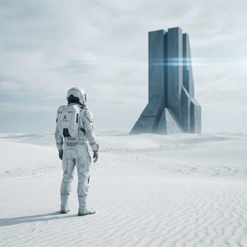 Puede incluir: Un traje de astronauta blanco con mochila se encuentra en un vasto paisaje de dunas de arena blanca. A lo lejos, una gran estructura monol&iacute;tica gris y angular se alza contra un cielo nublado. El traje lleva el logo con el texto AETHERIA.