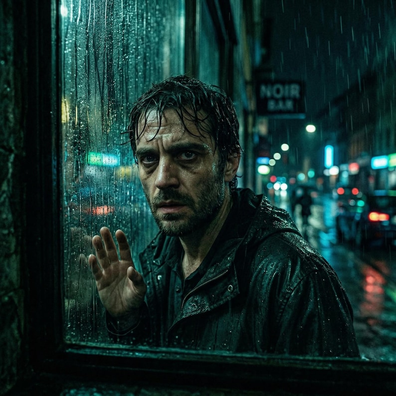 Puede incluir: Una persona con cabello oscuro y mojado y barba, que viste una chaqueta oscura con capucha, mira a trav&eacute;s de una ventana con gotas de lluvia. La persona tiene una mano apoyada contra el cristal. Al fondo, un letrero dice NOIR BAR.