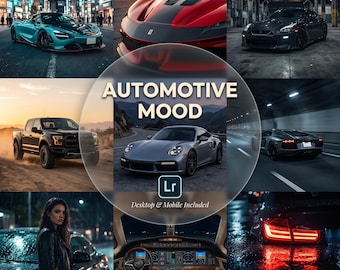 Más de 30 preajustes de Lightroom con ambiente automotriz, LUTs para fotografía cinematográfica de automóviles (escritorio/móvil)