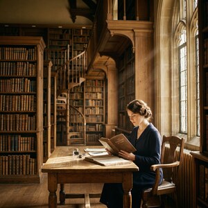 Puede incluir: Una persona con una prenda de manga larga azul oscuro est&aacute; sentada a una mesa de madera en una biblioteca, leyendo un libro titulado The Whispers of Time. La biblioteca cuenta con estanter&iacute;as de madera altas, una escalera de caracol y luz.