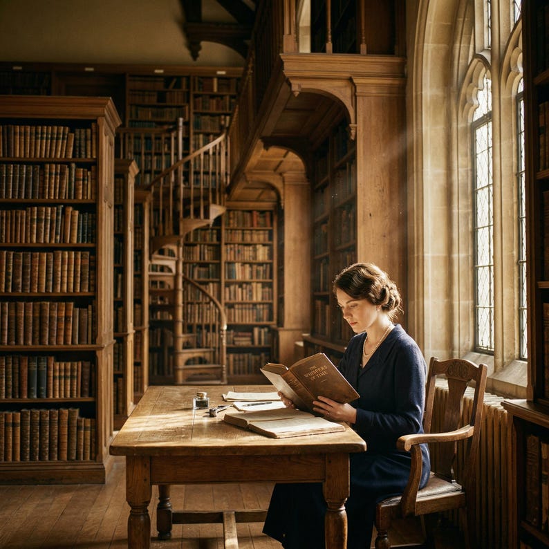 Puede incluir: Una persona con una prenda de manga larga azul oscuro est&aacute; sentada a una mesa de madera en una biblioteca, leyendo un libro titulado The Whispers of Time. La biblioteca cuenta con estanter&iacute;as de madera altas, una escalera de caracol y luz.