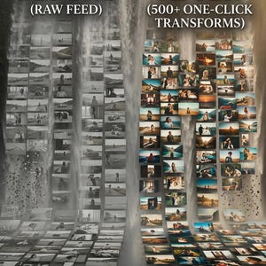 Puede incluir: Un gr&aacute;fico de pantalla dividida que muestra una cascada de fondo con un collage de fotos en blanco y negro a la izquierda etiquetado BEFORE (RAW FEED) y un collage de fotos vibrantes y corregidas a la derecha etiquetado AFTER (500+ ONE-CLICK TRANSFORMS).