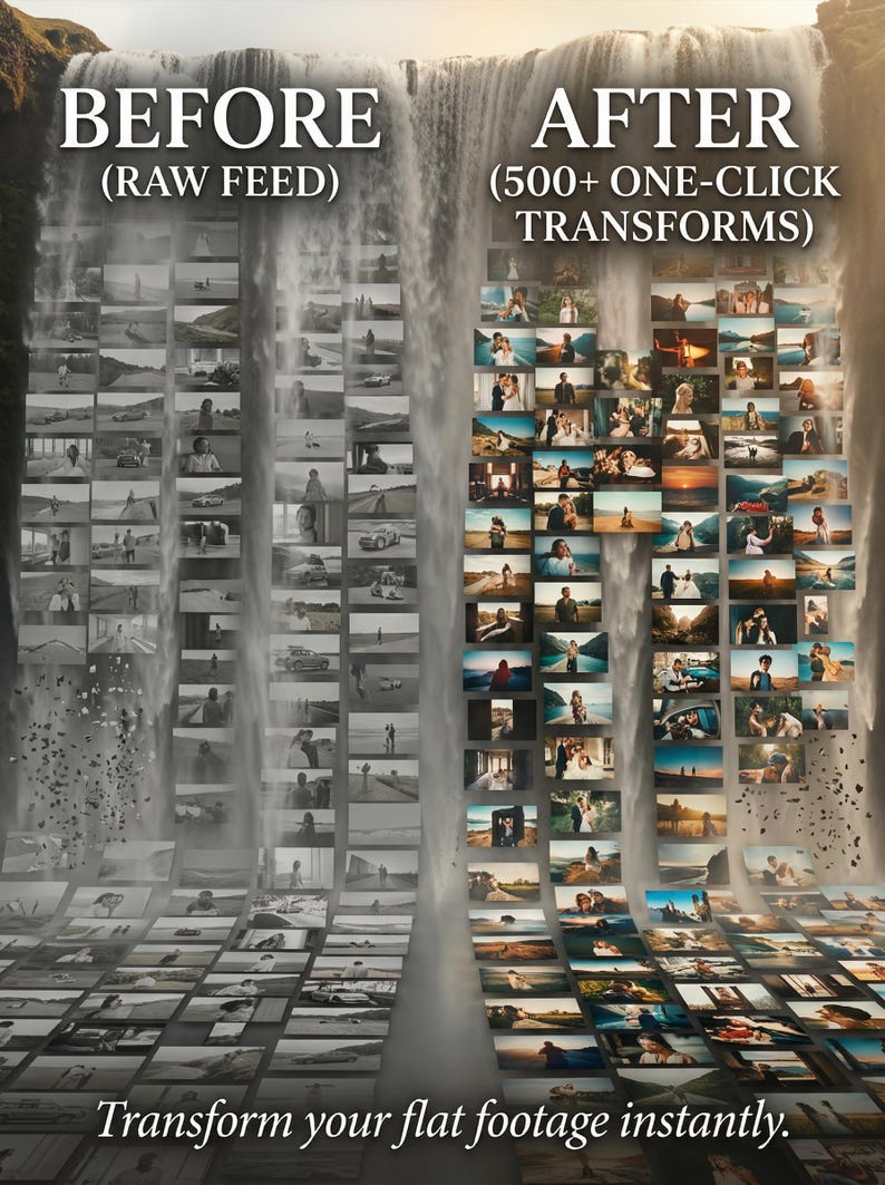 Puede incluir: Un gr&aacute;fico de pantalla dividida que muestra una cascada de fondo con un collage de fotos en blanco y negro a la izquierda etiquetado BEFORE (RAW FEED) y un collage de fotos vibrantes y corregidas a la derecha etiquetado AFTER (500+ ONE-CLICK TRANSFORMS).
