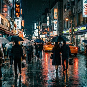 Puede incluir: Una escena nocturna lluviosa en una calle urbana con personas caminando bajo paraguas. El pavimento mojado refleja los letreros de ne&oacute;n con escritura coreana de los edificios. Se ven taxis amarillos al fondo del entorno urbano.
