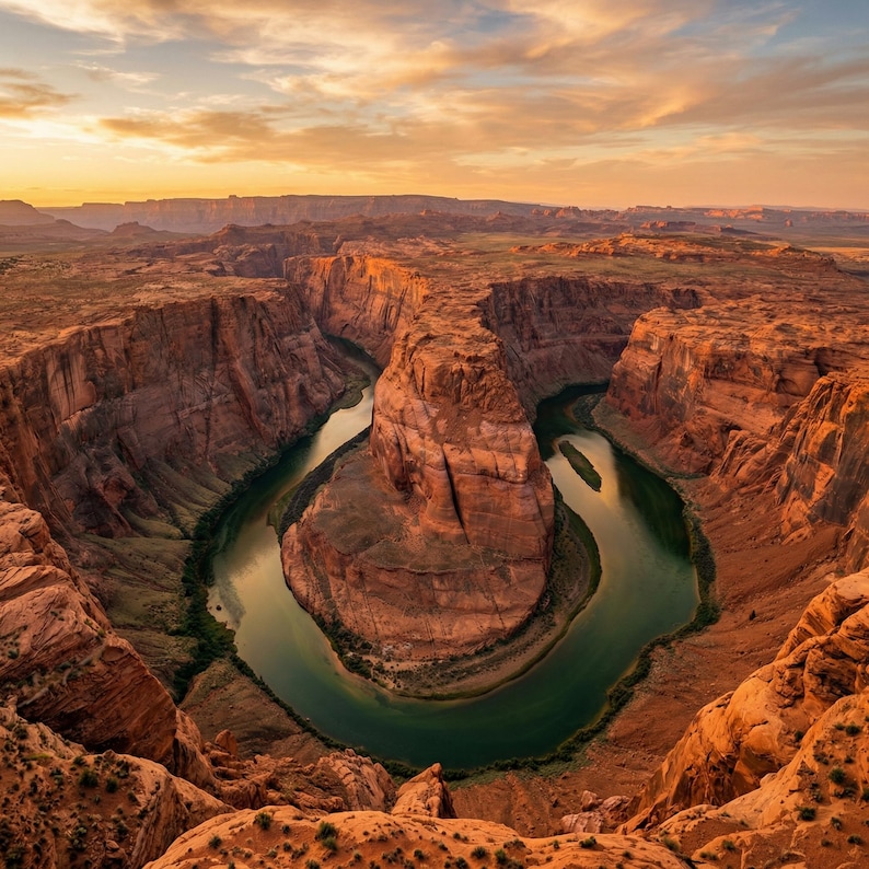 Puede incluir: Una vista de gran angular de un ca&ntilde;&oacute;n profundo con paredes rocosas de color marr&oacute;n rojizo que forman una curva en forma de herradura alrededor de un r&iacute;o sinuoso. El agua se ve verde oscuro, reflejando la luz dorada de un atardecer.