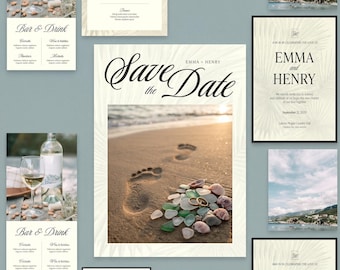 Elegante conjunto de invitaciones de boda con motivos florales y papelería moderna (descarga digital).