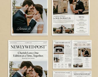 Invitaciones de boda con diseño de periódico vintage, plantilla de Canva (descarga digital)