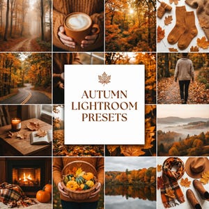 May include: A collage of autumn-themed images. Includes a winding road through a forest, a person holding a coffee cup, a forest with sunlight, socks and leaves, a person walking on a path, a candle, a fireplace, a basket of gourds, and a lake. Text: AUTUMN LIGHTROOM PRESETS.