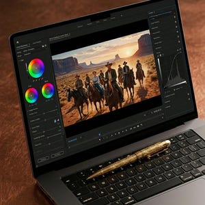 Puede incluir: Un port&aacute;til que muestra un software de edici&oacute;n de v&iacute;deo con una escena de personas a caballo en un paisaje des&eacute;rtico. La pantalla muestra herramientas de correcci&oacute;n de color y el texto VINTAGE & FILM STOCK COLLECTION 100+ LUTS FOR NOSTALGIC VIBES. Un bol&iacute;grafo dorado descansa sobre el teclado.