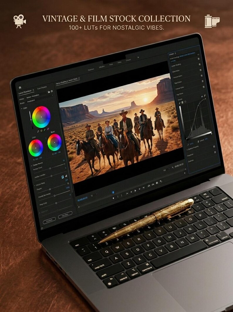 Puede incluir: Un port&aacute;til que muestra un software de edici&oacute;n de v&iacute;deo con una escena de personas a caballo en un paisaje des&eacute;rtico. La pantalla muestra herramientas de correcci&oacute;n de color y el texto VINTAGE & FILM STOCK COLLECTION 100+ LUTS FOR NOSTALGIC VIBES. Un bol&iacute;grafo dorado descansa sobre el teclado.
