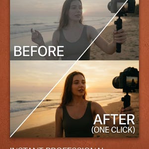 Puede incluir: Una pantalla dividida muestra a una persona sosteniendo una c&aacute;mara en un estabilizador en una playa al atardecer. La mitad superior est&aacute; etiquetada como BEFORE y la inferior como AFTER (ONE CLICK). El texto inferior dice INSTANT PROFESSIONAL COLOR GRADING.
