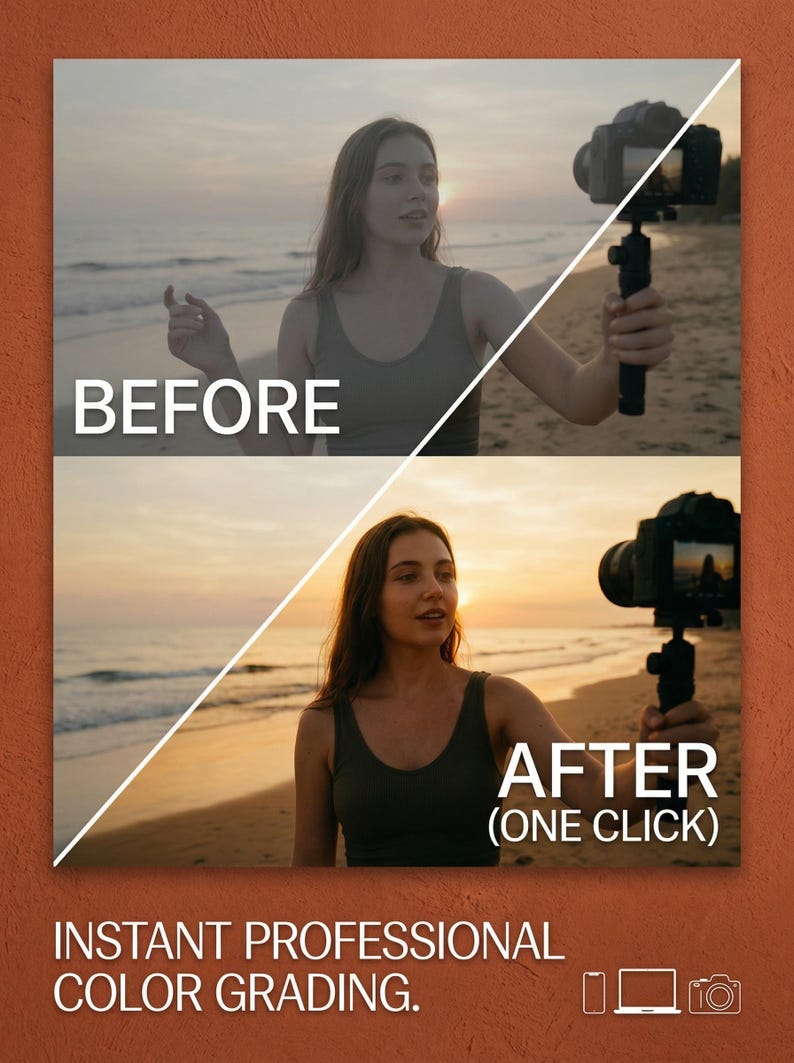 Puede incluir: Una pantalla dividida muestra a una persona sosteniendo una c&aacute;mara en un estabilizador en una playa al atardecer. La mitad superior est&aacute; etiquetada como BEFORE y la inferior como AFTER (ONE CLICK). El texto inferior dice INSTANT PROFESSIONAL COLOR GRADING.