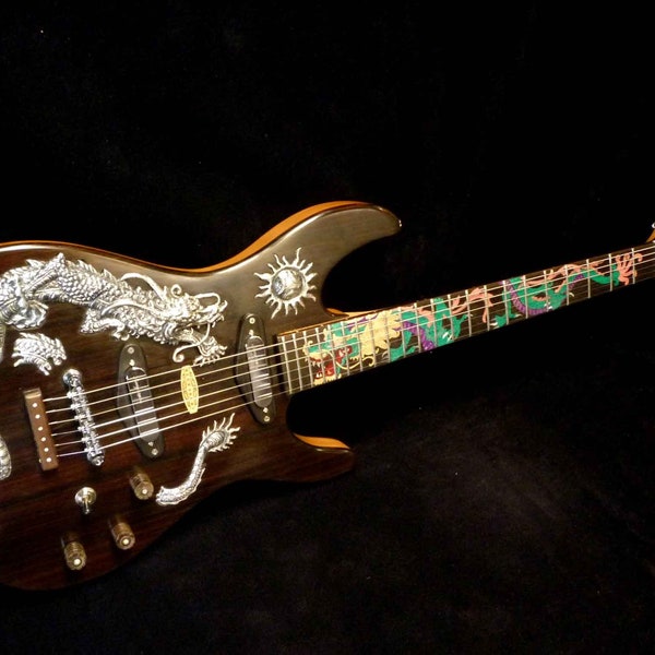 Blueberry Handmade Electric Guitar Dragon Motif with Carved 800 Silver and 14 Carat Gold Inlays