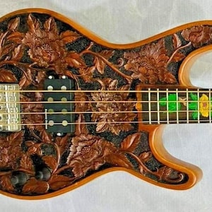 Electric Bass Guitar Handmade by Blueberry, 4 String wood Floral motif Bass Guitar, Custom Handcrafted Wooden Bass, Solid Body Bass Guitar