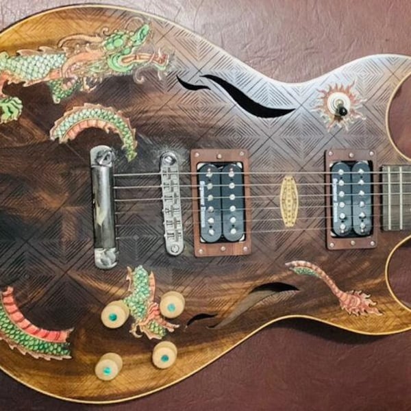 Blueberry Handmade Electric Guitar Dragon Motif  - with Balinese Rosewood, Ebony and Stone and Maple Inlay