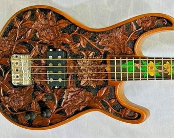 Handmade Floral Electric Bass Guitar: 4-String Solid Body