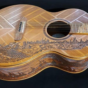 Acoustic Guitar Handmade by Blueberry, 6 String wood Bird motif Guitar, Custom Handcrafted Wooden Guitar, Grand Concert Guitar, Steel String