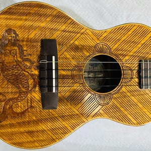 Tenor Ukulele Balinese Koa Handmade by Blueberry Mermaid Motif , 4 String wood,  Custom Handcrafted Wooden Ukulele, Pretty Ukulele, Carved