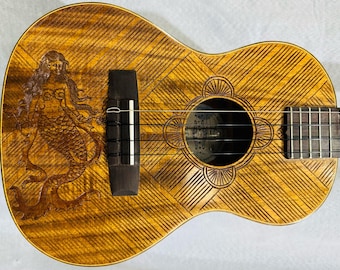 Handmade Balinese Koa Tenor Ukulele: Carved Mermaid Motif