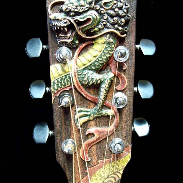 Blueberry Handmade Dreadnought Acoustic Guitar Asian Dragon Motif with Alaskan Spruce, Rosewood and Mother of Pearl