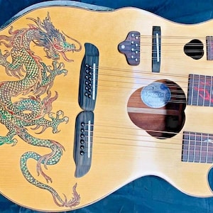Triple-Neck Acoustic Guitar Handmade by Blueberry, Mandolin, Twelve String, Six String Custom Handcrafted Wooden Guitar, Dragon,Steel String