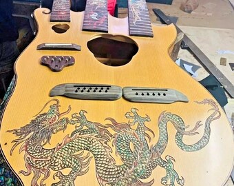 ハンドメイドトリプルネックアコースティックギター：ドラゴンインレイ