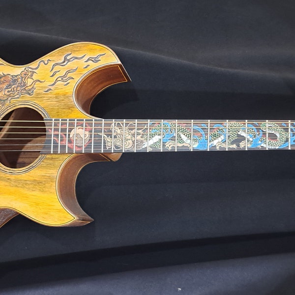 Blueberry  NEW IN STOCK Handmade Acoustic Guitar Grand Concert Dragon Motif with Mango Wood Top