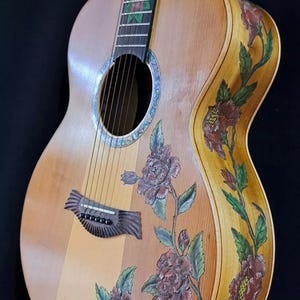 Acoustic Guitar Handmade by Blueberry,6 String Wood Floral Motif Guitar, Custom Handcrafted Wooden Guitar, Grand Concert Guitar,Steel String
