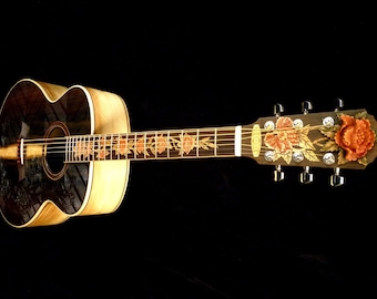 Blueberry Handmade Acoustic Guitar Grand Concert Floral Motif Rosewood and Koa