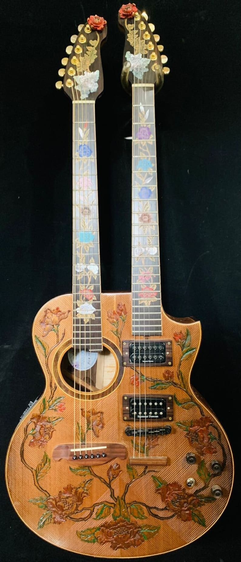Handmade Double Neck Acoustic Electric Guitar: Carved Floral Design - Etsy